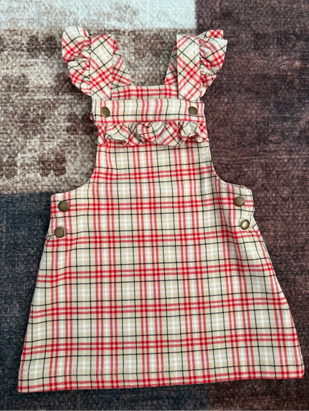 Max Studio Red and Cream Plaid Ruffle Pinafore Overalls